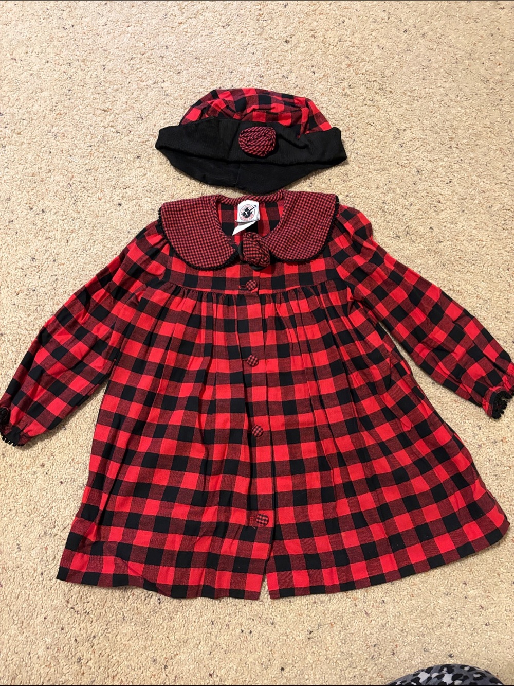 Red and Black Plaid Kids Dress with Matching Hat